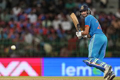 Axar Patel plays a shot against Sri Lanka